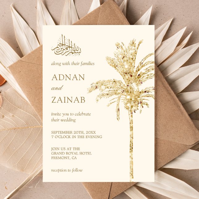 Cream and Gold Glitzer Date Palm Muslim Wedding Einladung (Von Creator hochgeladen)