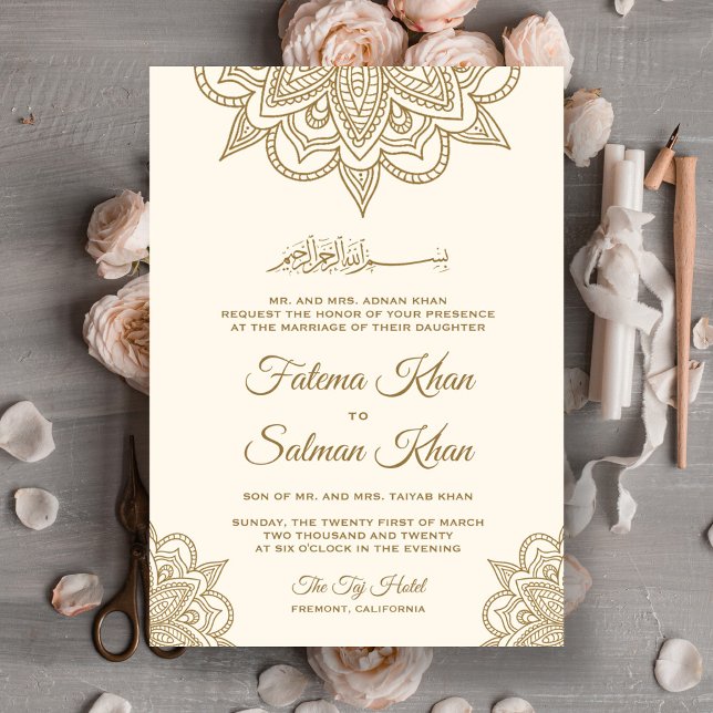Cream and Gold Henna Mehndi Islamische Hochzeit Einladung (Von Creator hochgeladen)