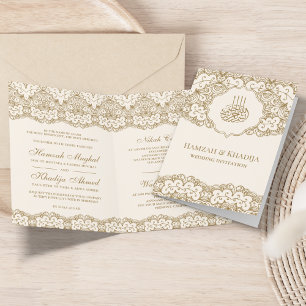 Cream and Gold Lace Islamische Hochzeit Einladung
