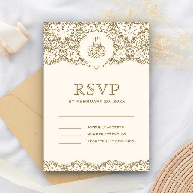 Cream and Gold Lace Islamische Hochzeit RSVP Karte (Von Creator hochgeladen)
