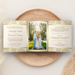 Cream and Gold Paisley Indian Style Wedding Foto Dreifach Gefaltete Einladung