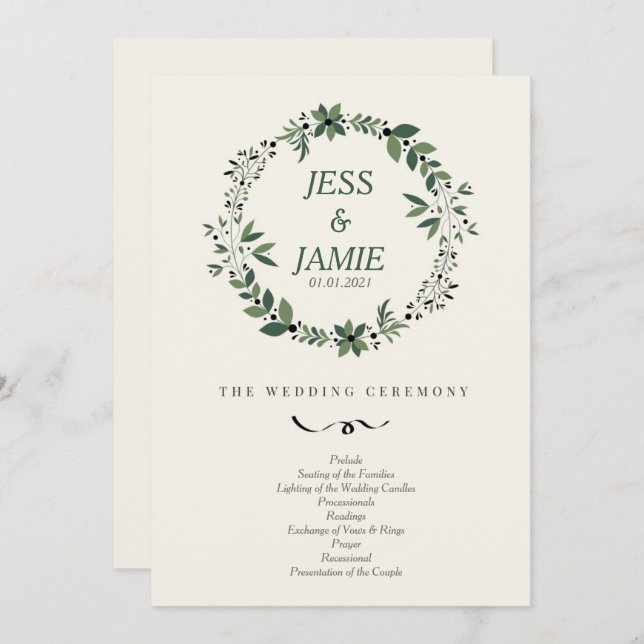 Cream and Green Wedding Program Einladung (Vorne/Hinten)