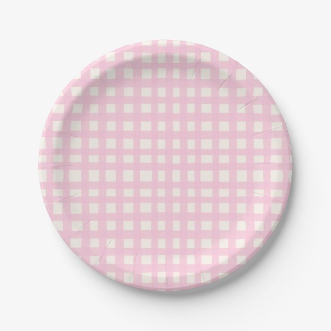 Cream and Pink Textured Imperfect Gingham Pattern Pappteller (Vorderseite)