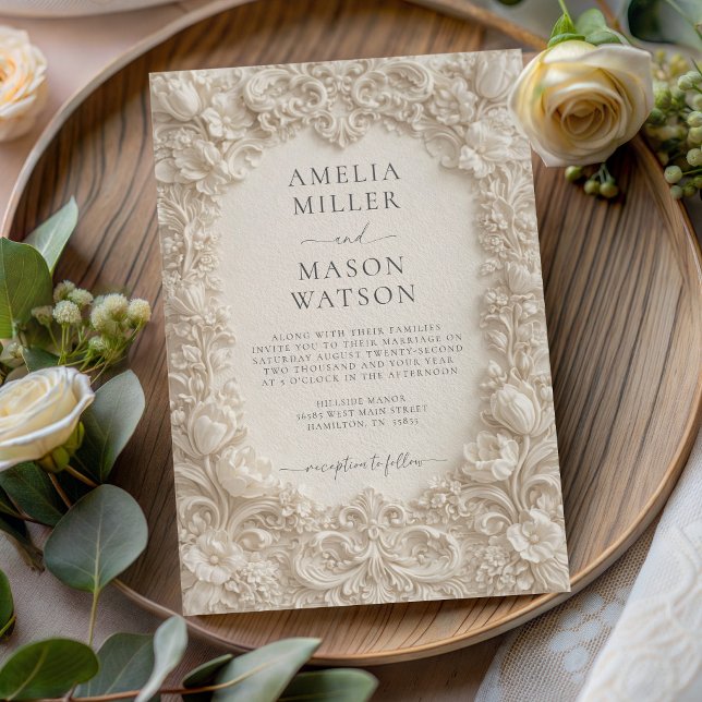 Cream Baroque Floral Ornate Wedding Invitation Einladung (Cream Baroque Floral Ornate Wedding Invitation)