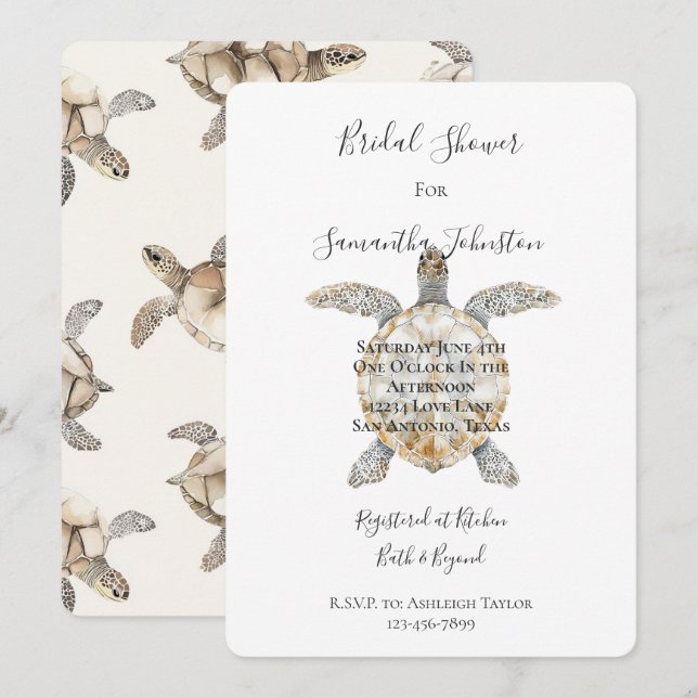 Cream Beach Sea Turtles Bridal Shower Einladung (Vorne/Hinten)