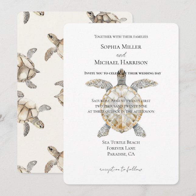 Cream Beach Sea Turtles Wedding Einladung (Vorne/Hinten)