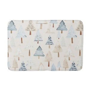 Cream Beige Blue Christmas Trees Badematte