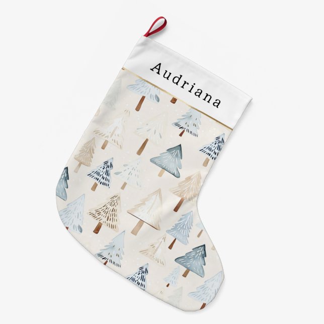 Cream Beige Blue Christmas Trees Großer Weihnachtsstrumpf (Vorderansicht (hängend))