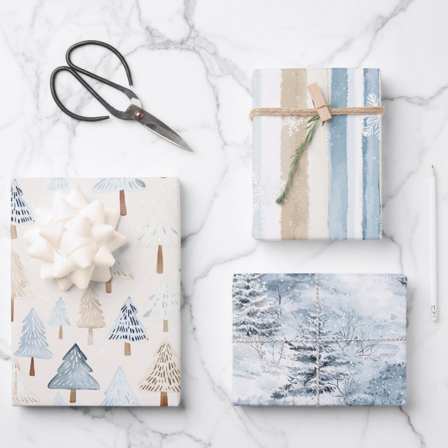 Cream Beige Blue Christmas Trees Winter Snow Geschenkpapier Set (Vorderseite)