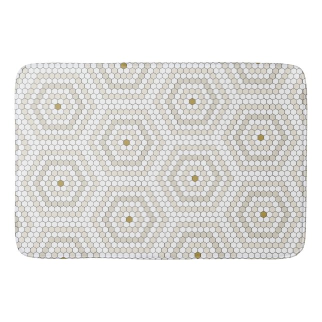 Cream & Beige Hexagon Penny Tile Hex Tile Muster Badematte (Vorderseite)