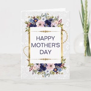 Cream & Blaue Blumen & Gold Glitter Muttertag Karte