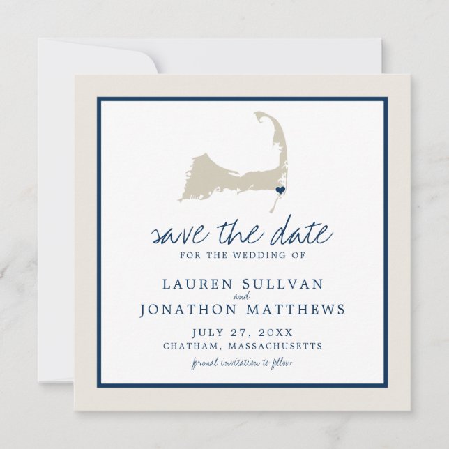 Cream Blue Cape Cod Map Wedding the Date Save The Date (Vorderseite)