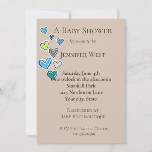 Cream Blue Green Hearts Baby Dusche Einladung