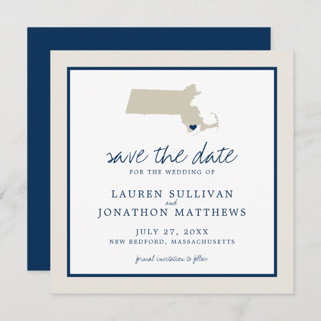 Cream Blue Massachusetts Map Wedding Save the Date (Vorne/Hinten)