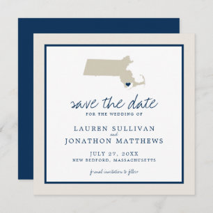Cream Blue Massachusetts Map Wedding Save the Date