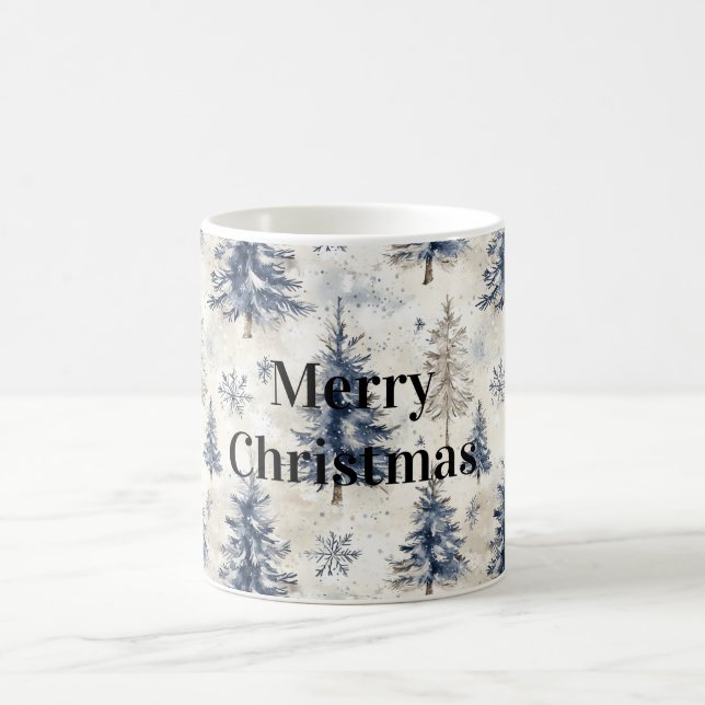 Cream Blue Winter Christmas Trees Snowflakes Kaffeetasse (Mittel)