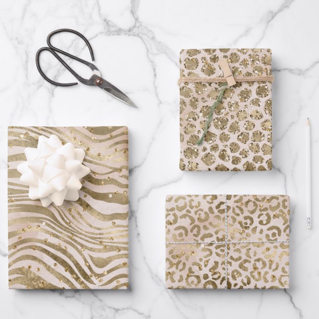 Cream Blush Gold Glitz Sparkle Tierdrucke   Geschenkpapier Set (Vorderseite)