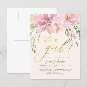 Cream Blush & Gold ist eine Girl-Floral-Baby-Dusch Einladungspostkarte