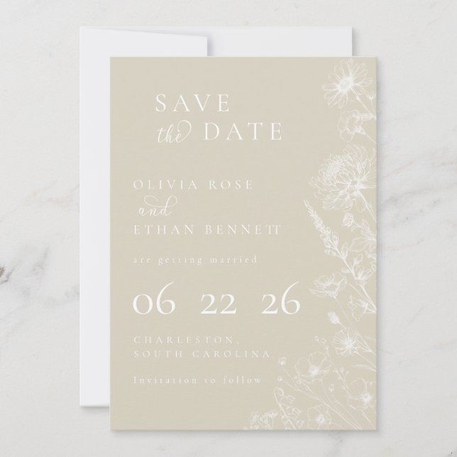 Cream Botanical Minimal Wedding Save the Date (Vorderseite)