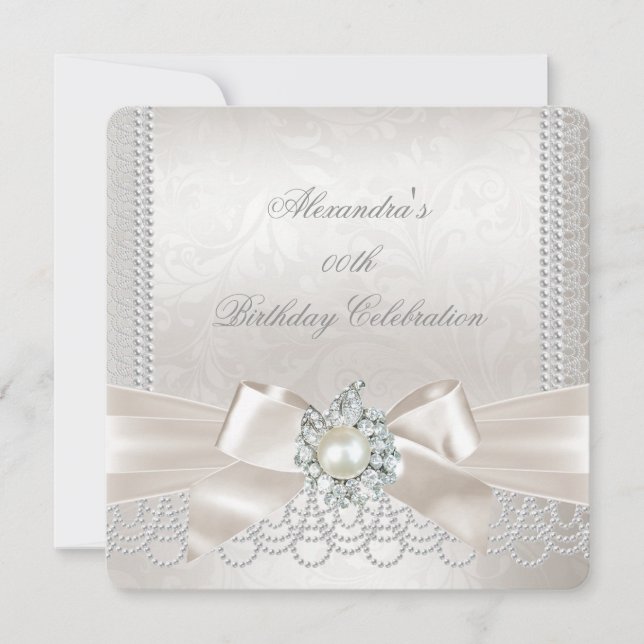 Cream Bow Pearl Damask Diamond Birthday Party Einladung (Vorderseite)
