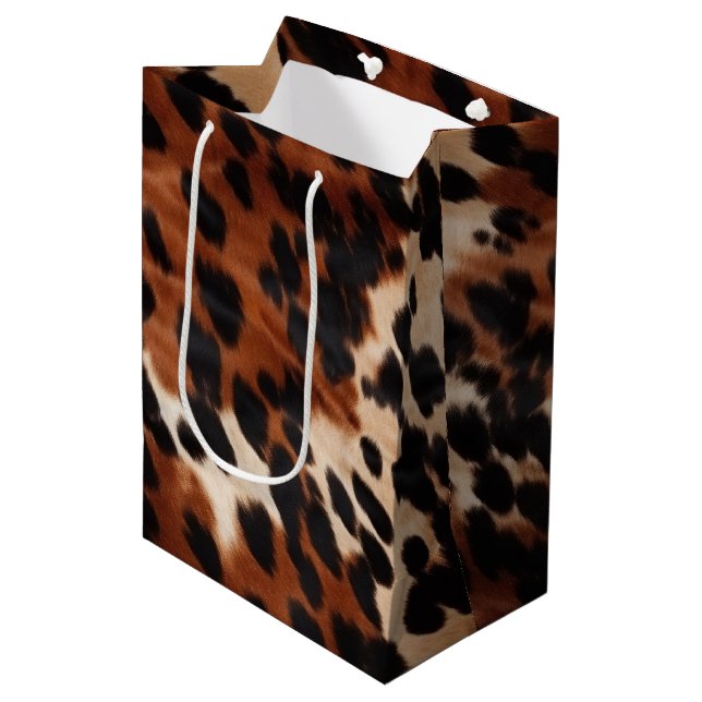 Cream Brown Black Cowhide Mittlere Geschenktüte (Vorderseite Schrägansicht)