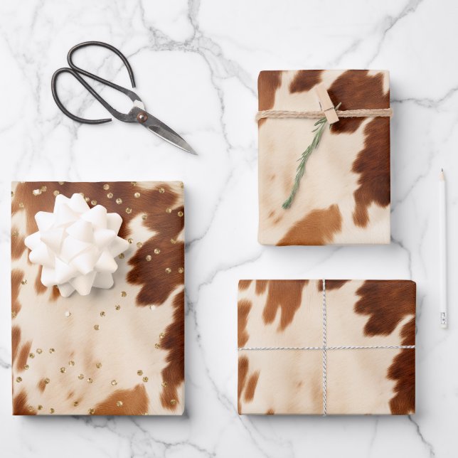 Cream Brown Cowhide Gold Tree Geschenkpapier Set (Vorderseite)