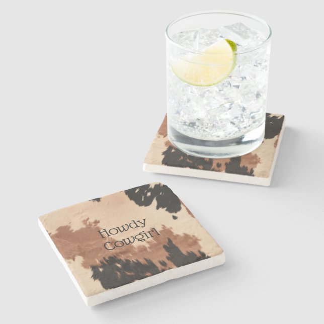 Cream Brown Cowhide Steinuntersetzer (Seitenansicht)