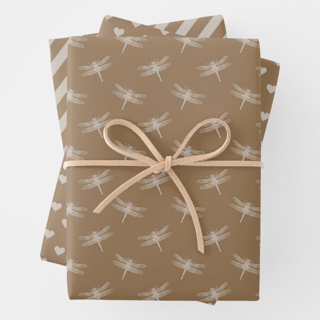 Cream Brown Dragonflies Herz Streifen Geschenkpapier Set (Beispiel)