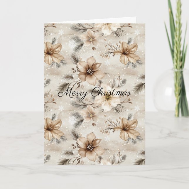 Cream Brown Floral Christmas Karte (Vorderseite)