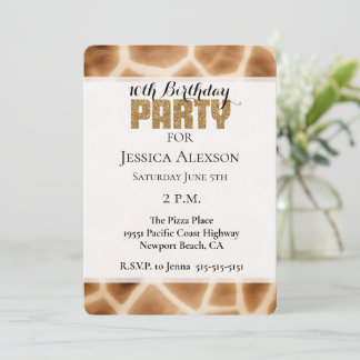Cream Brown Giraffe Animal Gold Glitzer Party Einladung