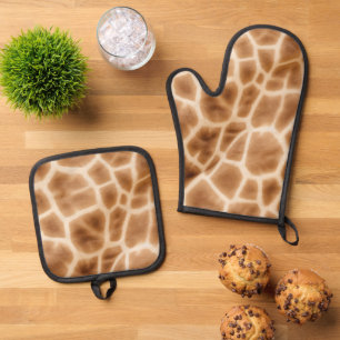 Cream Brown Giraffe Animal Print Ofenhandschuh & Topflappen-Set