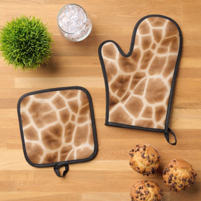 Cream Brown Giraffe Animal Print Ofenhandschuh & Topflappen-Set (Oben Unten)