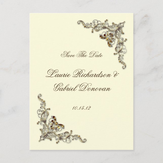Cream Brown Gold Verzierte Juwelen Save the Date Ankündigungspostkarte (Vorderseite)