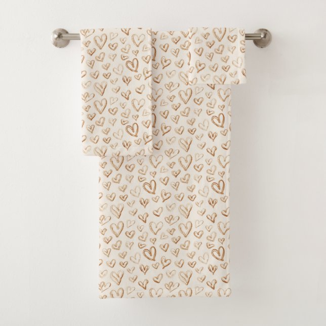 Cream Brown Hearts Valentine's Day Badhandtuch Set (Insitu)