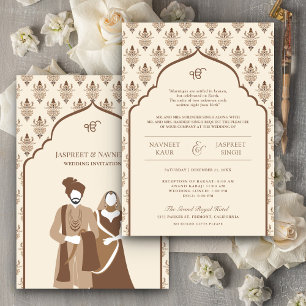 Cream Brown Punjabi Anand Karaj Sikh Wedding Einladung