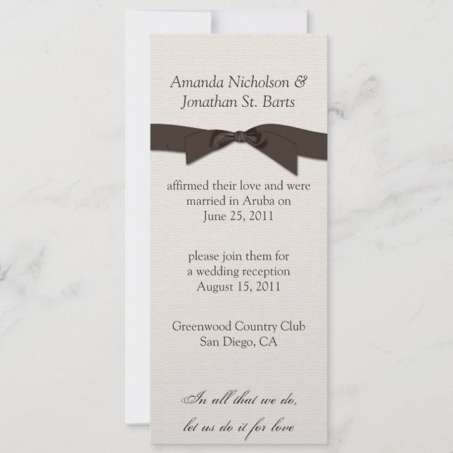Cream Brown Ribbon Post Hochzeitfeier Einladung (Vorderseite)