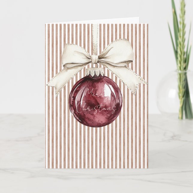 Cream Brown Stripes Red Christmas Ornament Bow Karte (Vorderseite)