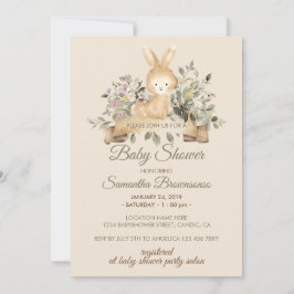 Cream Bunny Rabbit Botanical Floral Baby Shower Einladung