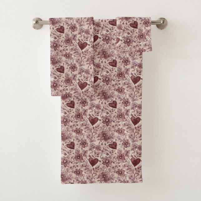Cream Burgundy Red Hearts Flowers Badhandtuch Set (Insitu)