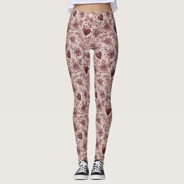 Cream Burgundy Red Hearts Flowers Leggings (Vorderseite)