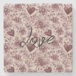 Cream Burgundy Red Hearts Flowers Steinuntersetzer