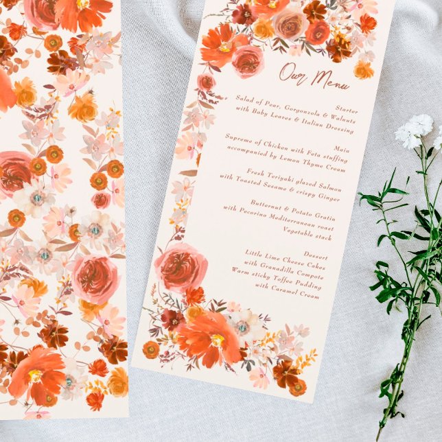 Cream Burnt Orange Floral Boho Bouquet Wedding Menükarte (Von Creator hochgeladen)