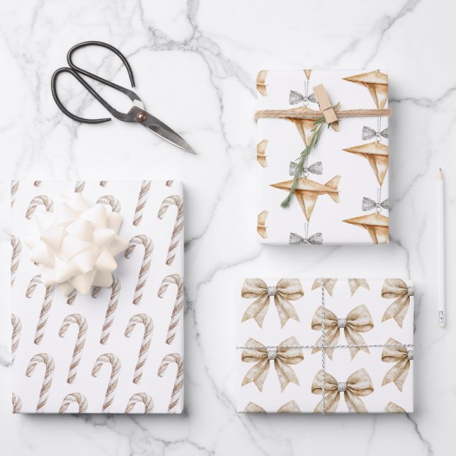 Cream Candy Canes Paper Airplanes Bows Christmas Geschenkpapier Set (Vorderseite)
