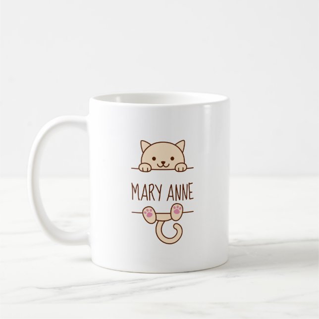 Cream Cat Peeking hinter Individuelle Name Kaffeetasse (Links)
