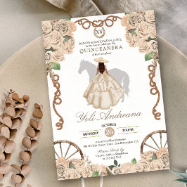 Cream Champagne White Rose Charra Quinceanera Einladung