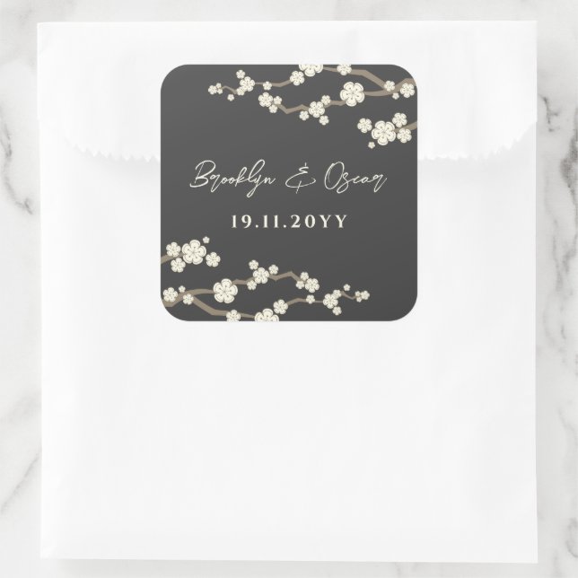 Cream Cherry Blüten Weiße Sakura Blume Hochzeit Quadratischer Aufkleber (Tasche)