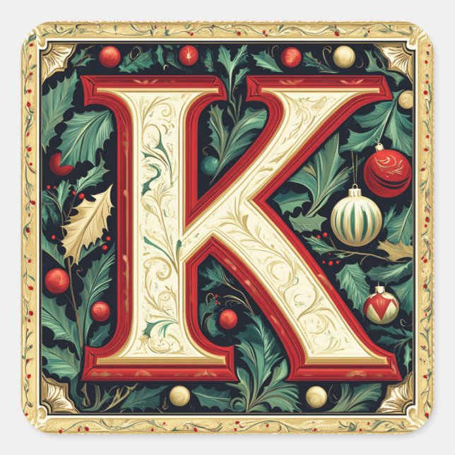 Cream & Christmas Red Letter K mit Grün Quadratischer Aufkleber (Vorderseite)