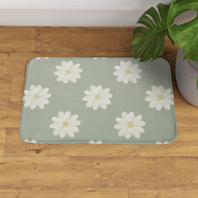 Cream Daisy Sage Green Moderne Blumenmatte Badematte (A pretty sage and cream daisy bath mat.)