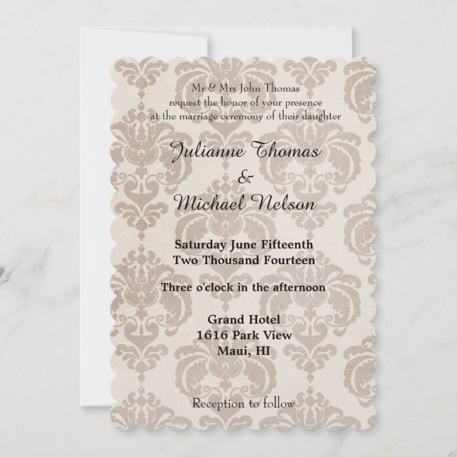 Cream Damask Wedding Einladung (Vorderseite)
