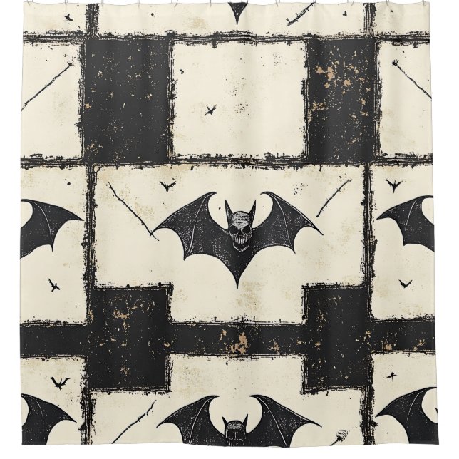 Cream Denim Grunge Patchwork mit Fledermäusen (3) Duschvorhang (Vorderseite)